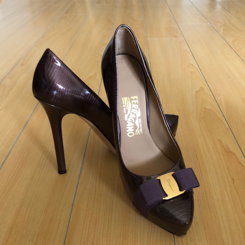 Salvatore Ferragamo brown patent platform stiletto
